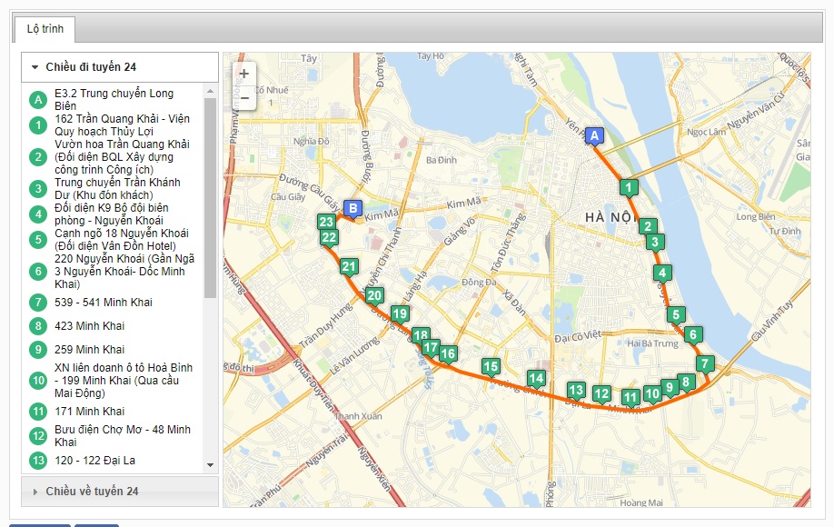 Bản đồ danh sách các tuyến xe bus xuất phát từ bến xe Lương Yên