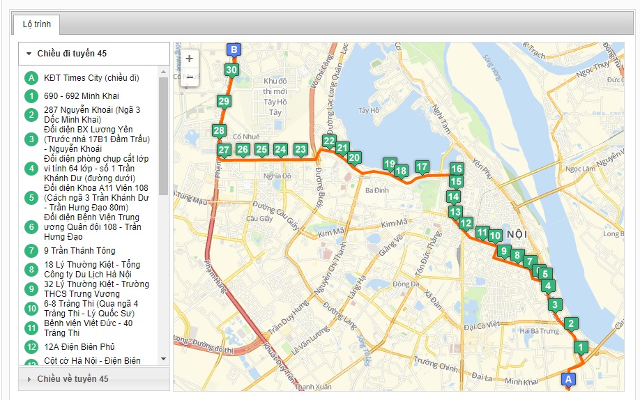 Bản đồ danh sách các tuyến xe bus xuất phát từ bến xe Lương Yên