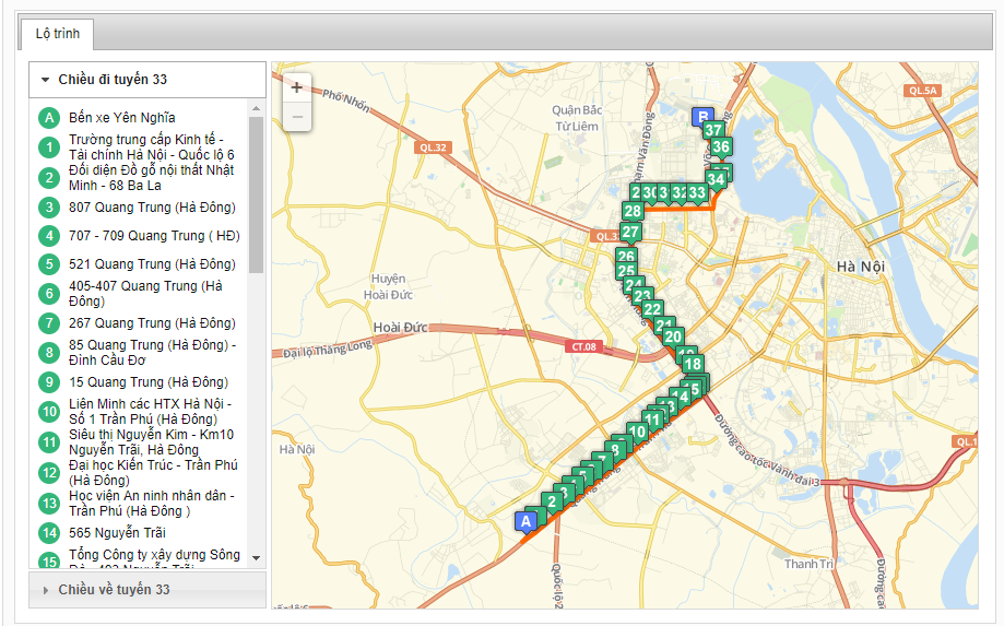 Bản đồ danh sách các tuyến xe bus xuất phát từ bến xe Yên Nghĩa