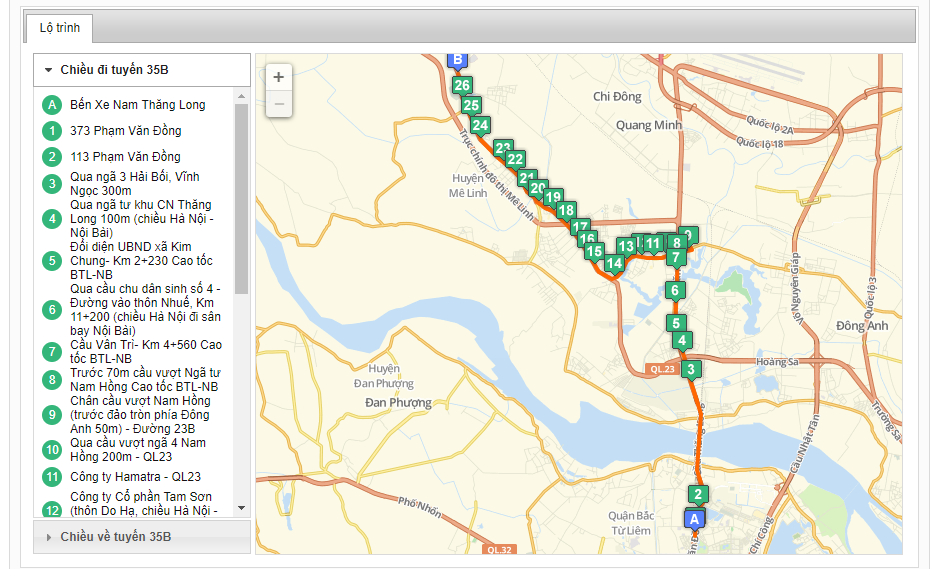Bản đồ danh sách tuyến xe buýt từ bến xe Nam Thăng Long